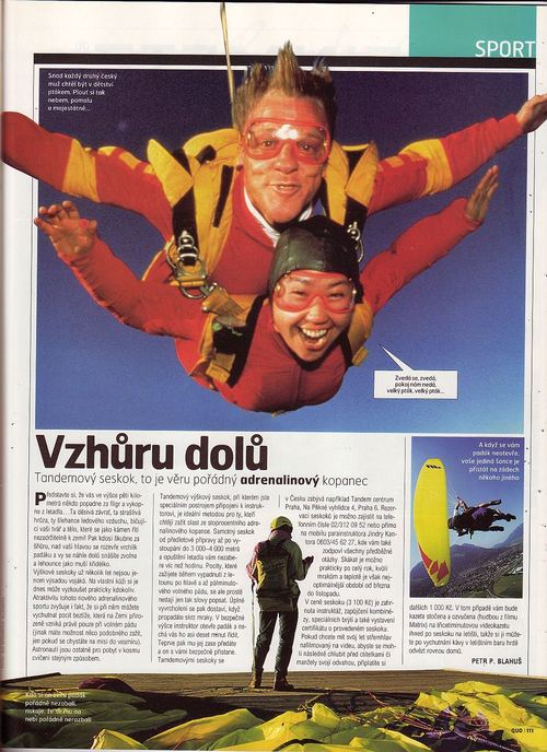 Článek Vzhůru dolů o tandemovém seskoku v časopise Quo, září 2000